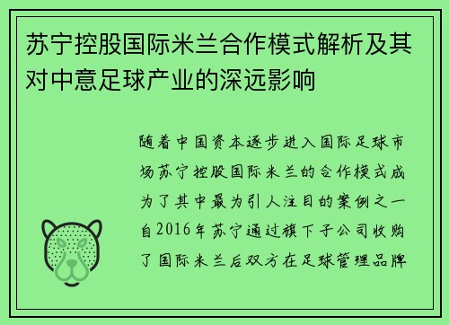 苏宁控股国际米兰合作模式解析及其对中意足球产业的深远影响
